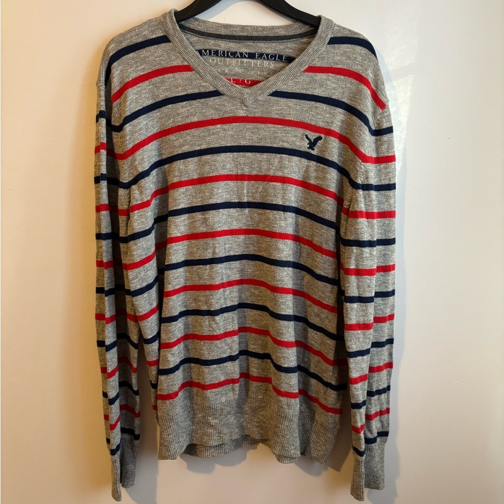 American Eagle Outfitters Men's V-Neck Gray Sweater with Red and Blue Stripes